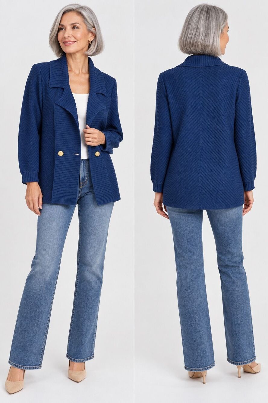 St John Santana Knit Navy Gold Button Cardigan Blazer Jacket Size 8 USA